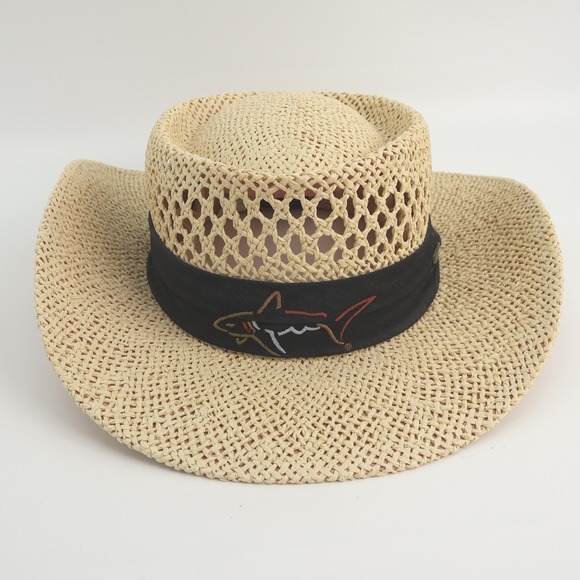 Greg Norman Straw Cowboy Hat Open Weave OSFA Black Shark Logo - Picture 1 of 5